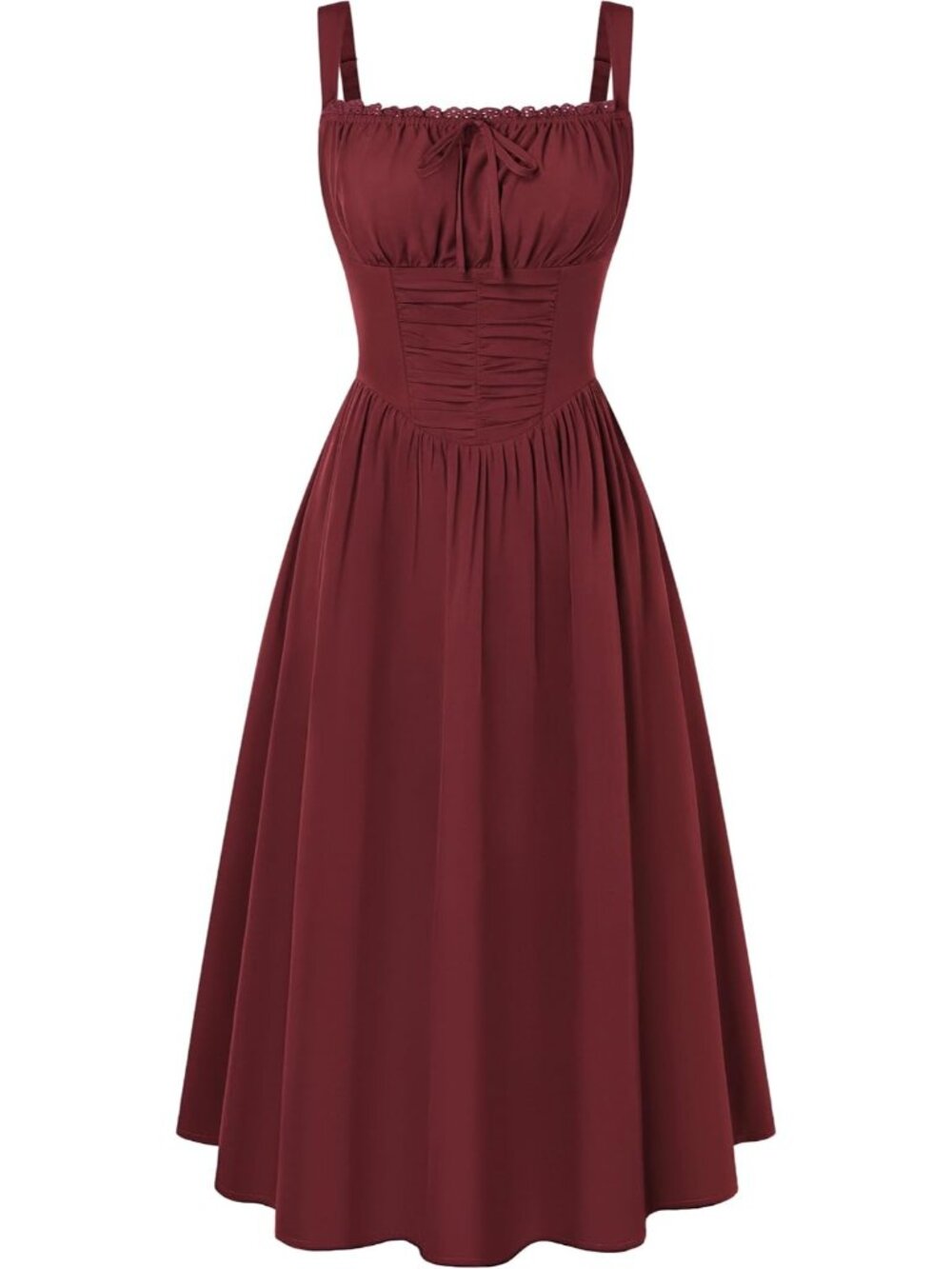 〽️Women's Wine Red Square Neckline Cold Shoulder Sleeve Corset Midi Party Dress